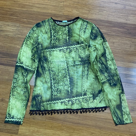 Petit Pois Tops - Petit Pois Green Mesh Lace Beaded Long Sleeve Y2K Fairycore Top Shirt Sheer